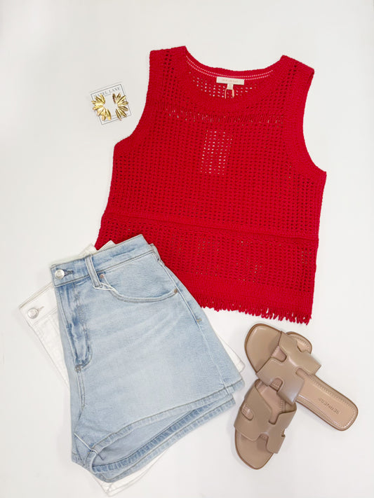 Conklin Crochet Fringe Tank- Red