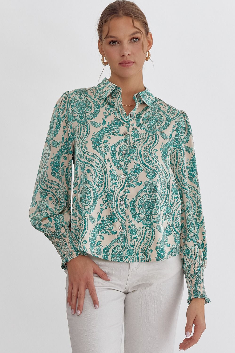 Paisley Button Up Blouse- Emerald Green