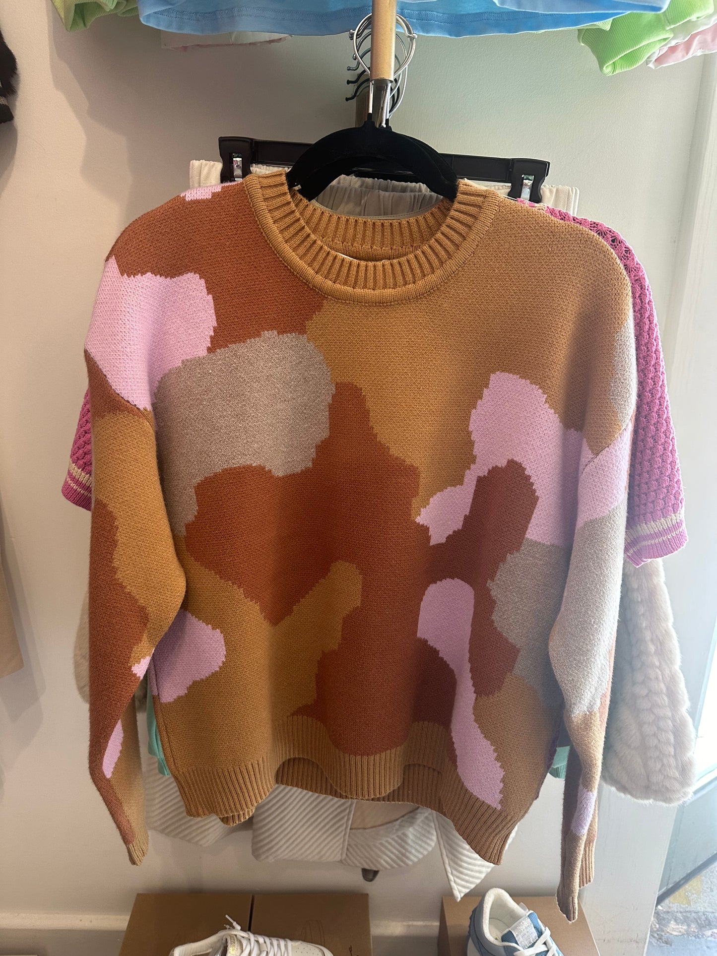 Camo Knit Sweater- Taupe/Pink