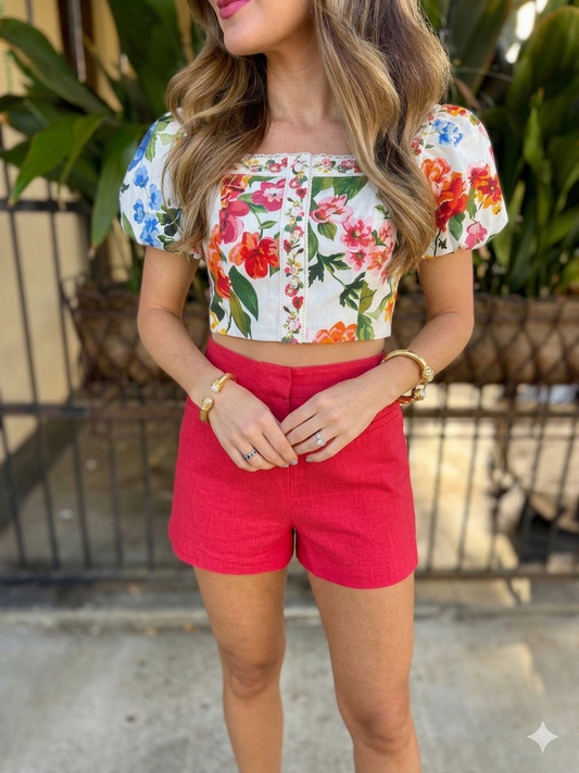 Meghan Floral Puff Sleeve Crop Top