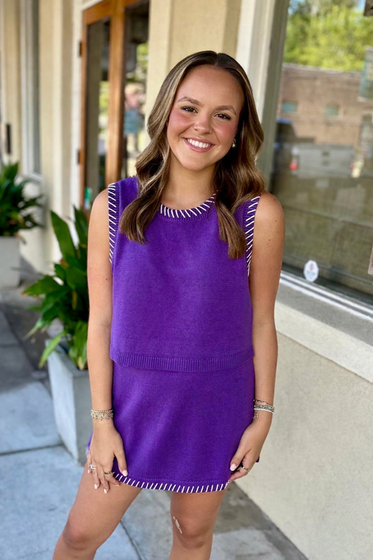 Romain Contrast Stitching 2 PC Set- Purple