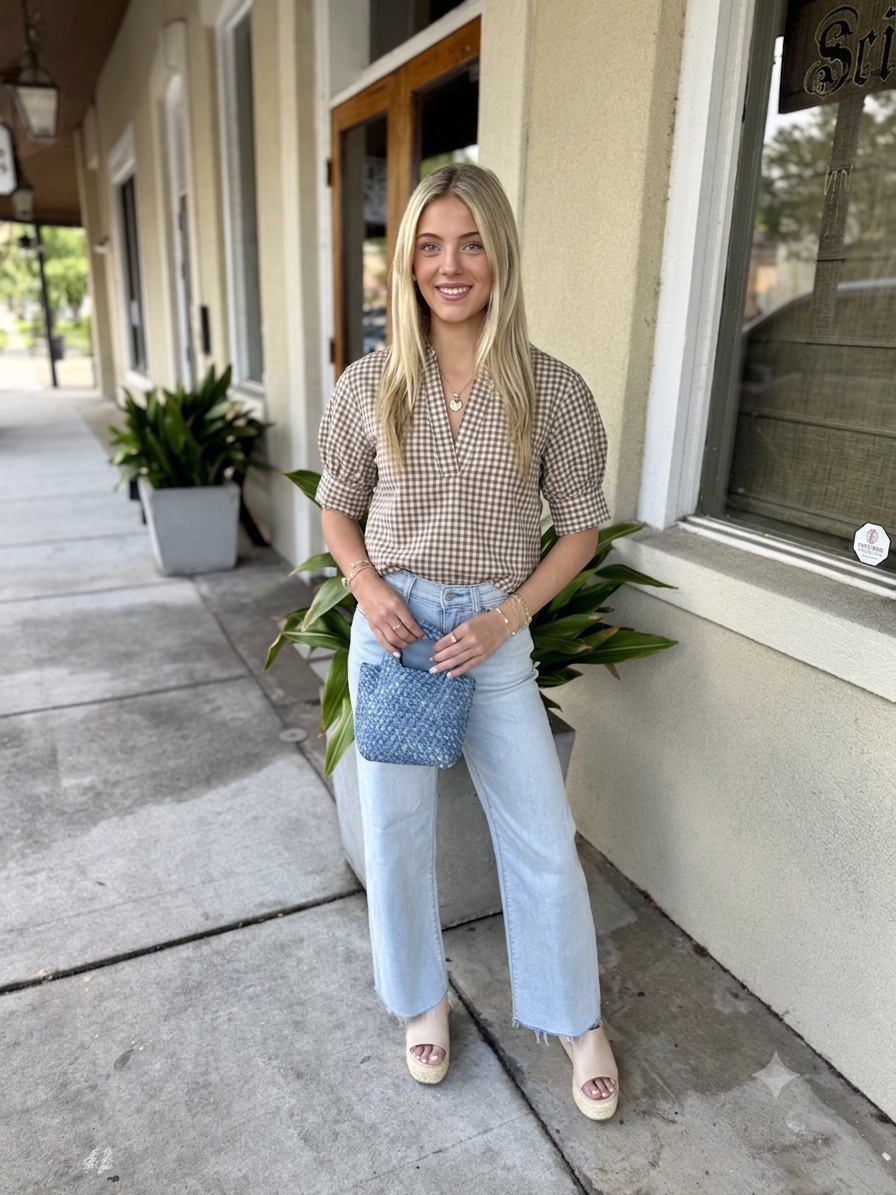Johnny Gingham Top- Mocha Natural