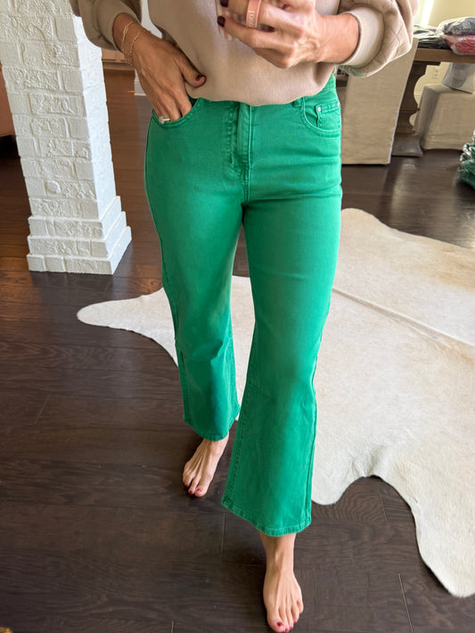 Uptown Cropped Wide Leg Denim- Green