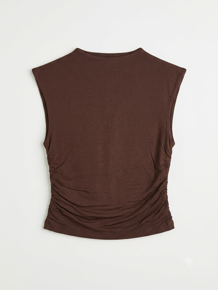 Mimi Ruched Mock Neck Top- Dk Brown