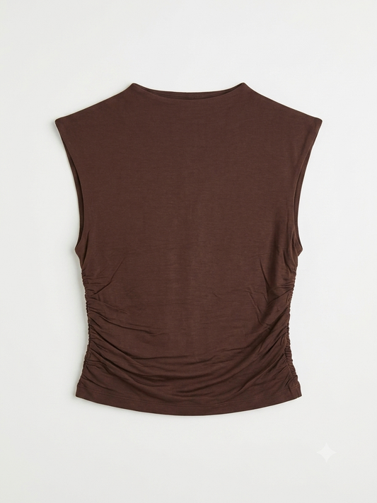 Mimi Ruched Mock Neck Top- Dk Brown
