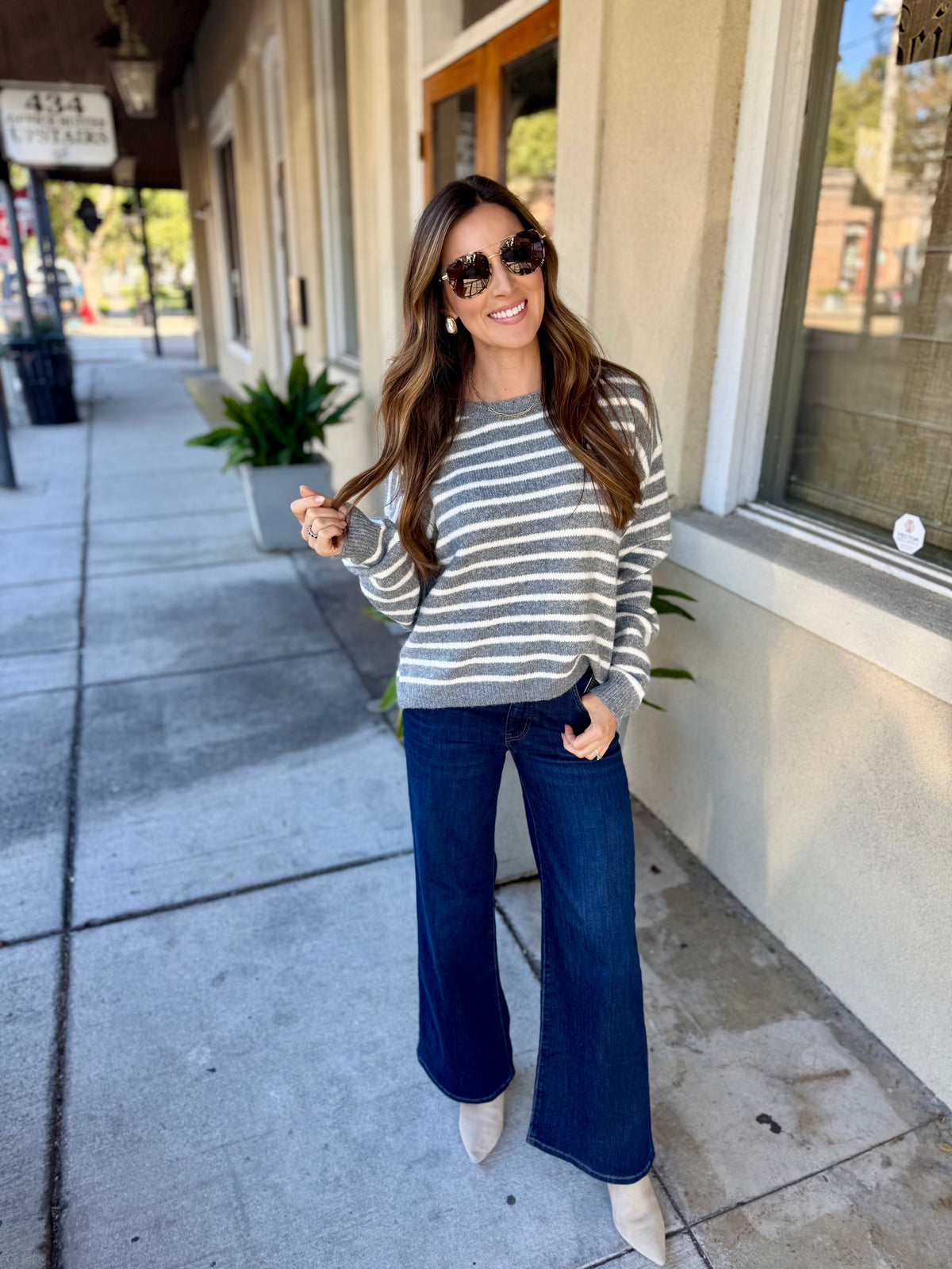 Ezra Striped Crew Neck Sweater- Heather Gray