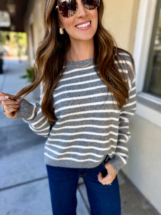 Ezra Striped Crew Neck Sweater- Heather Gray