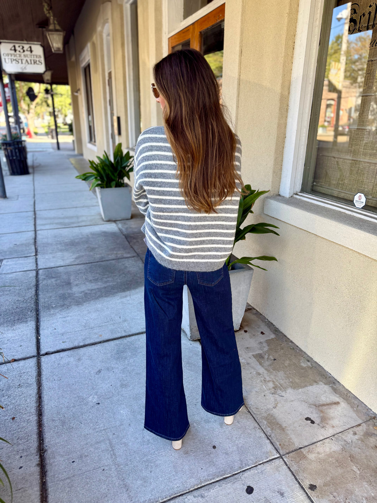 Ezra Striped Crew Neck Sweater- Heather Gray