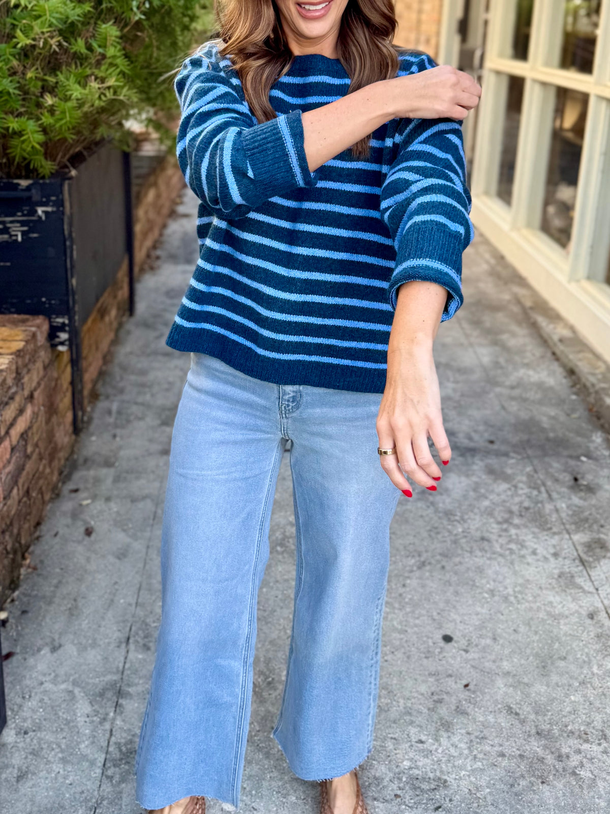 Ezra Striped Crew Neck Sweater- Blue