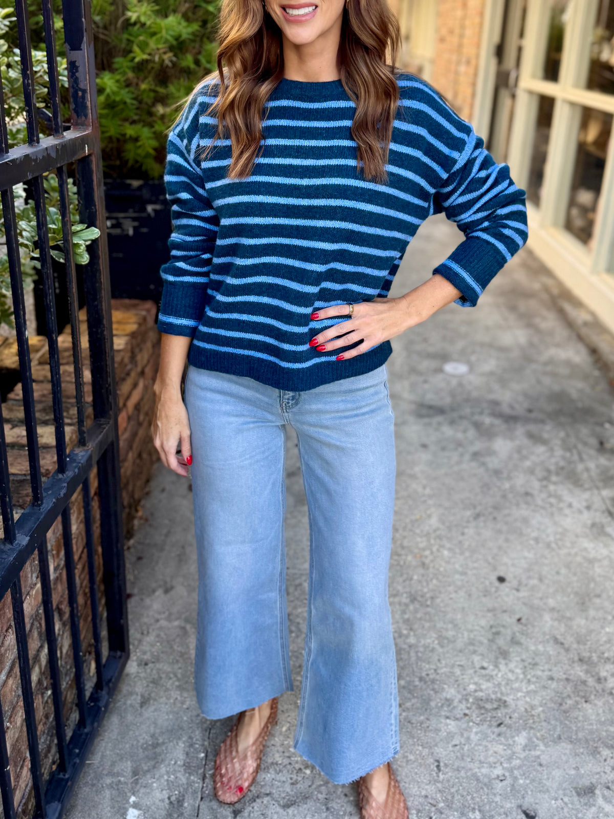 Ezra Striped Crew Neck Sweater- Blue