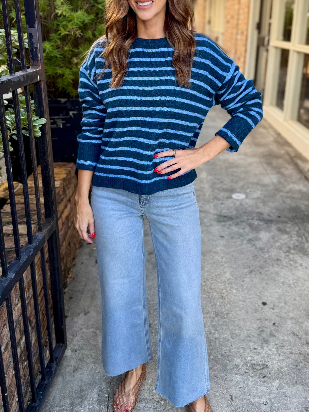 Ezra Striped Crew Neck Sweater- Blue
