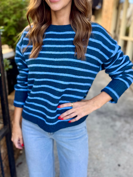 Ezra Striped Crew Neck Sweater- Blue