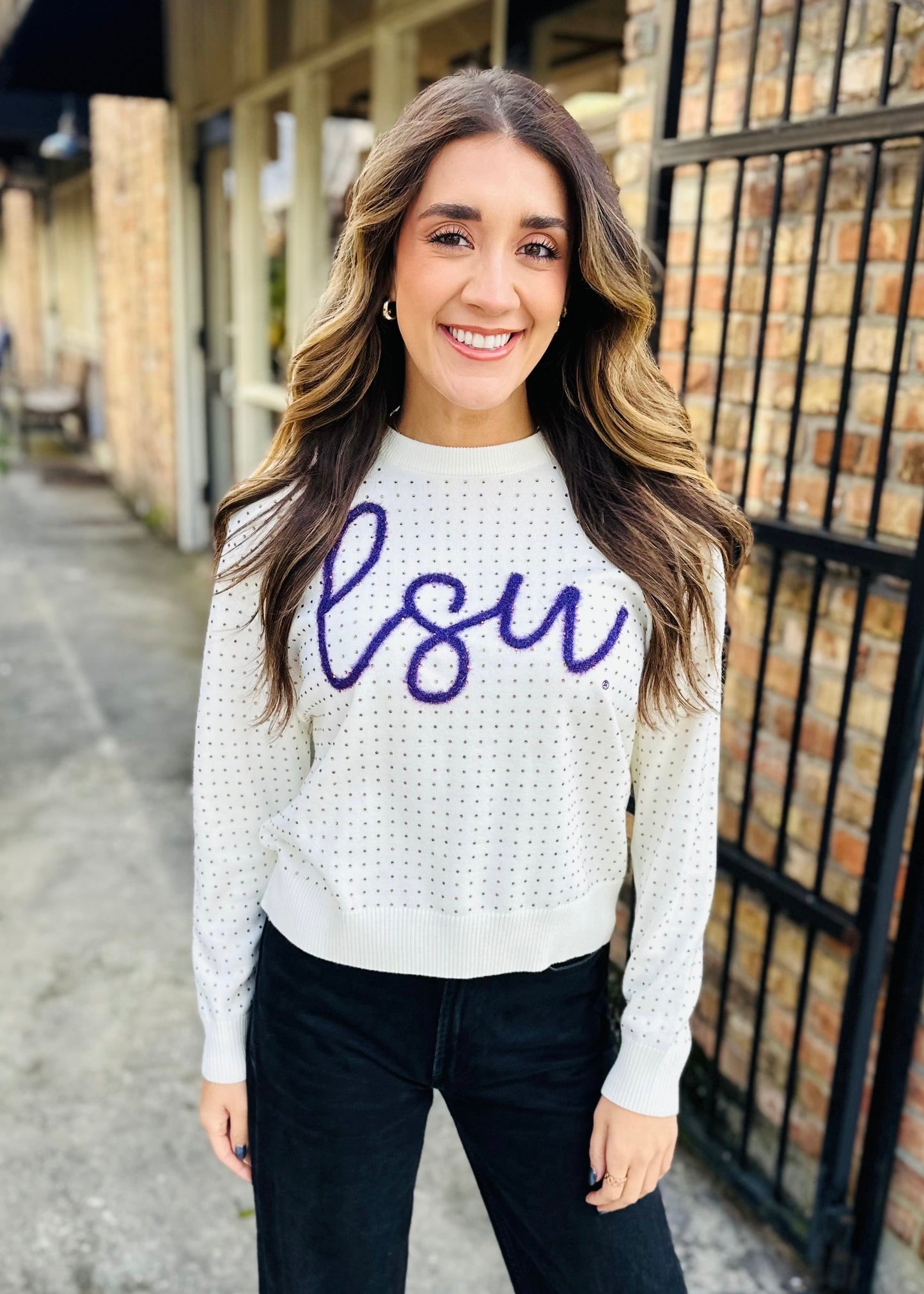 LSU Rhinestone Script Sweater