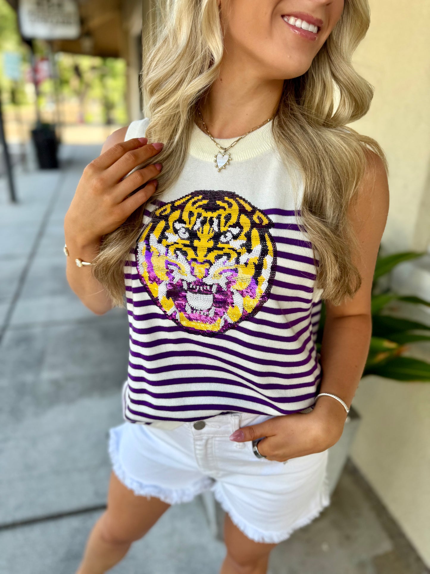Queen LSU Mascot Striped Knit Tank