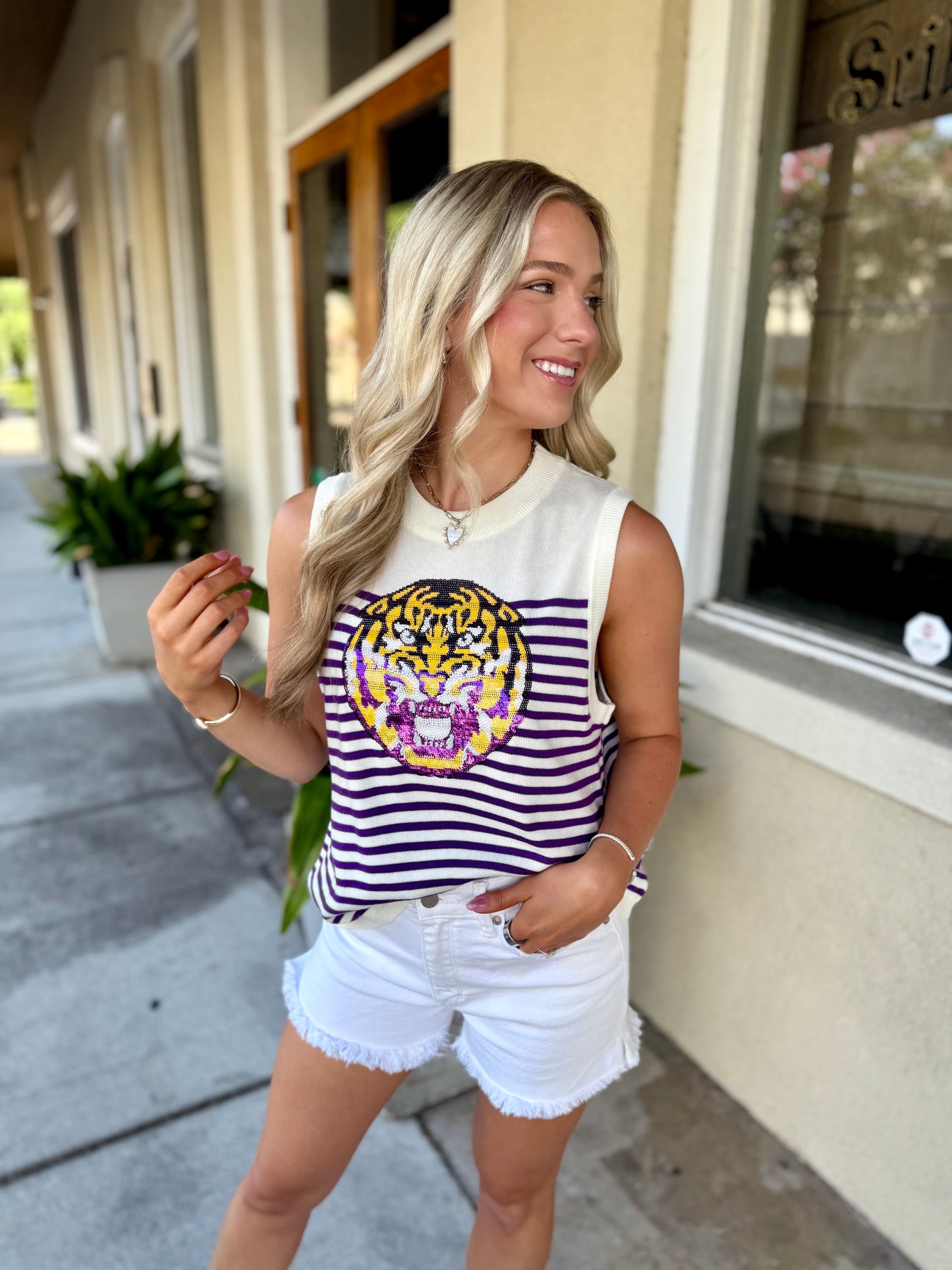 Queen LSU Mascot Striped Knit Tank