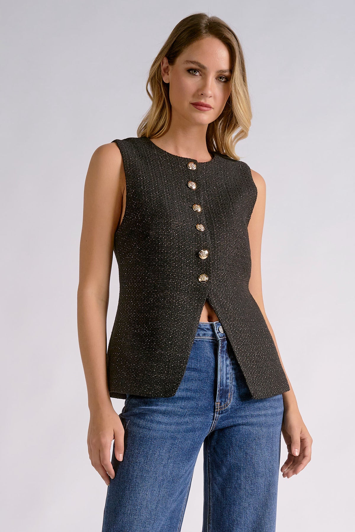 Metallic Tweed Vest- Black