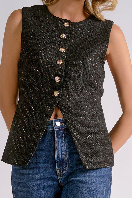 Metallic Tweed Vest- Black