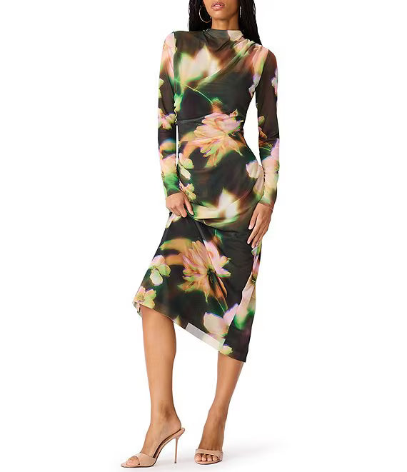 Mo Mesh Mock Neck Midi Dress- Floral