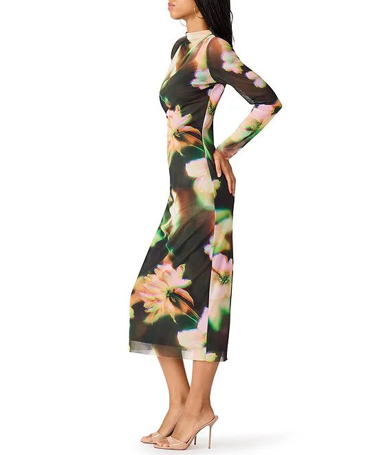 Mo Mesh Mock Neck Midi Dress- Floral