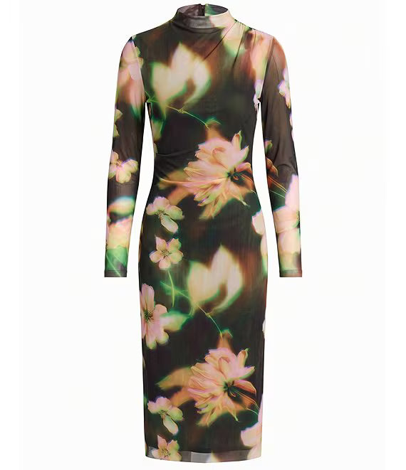 Mo Mesh Mock Neck Midi Dress- Floral