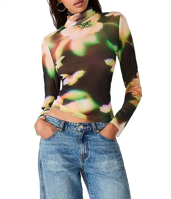 Fiona Floral Mesh Mock Neck Top