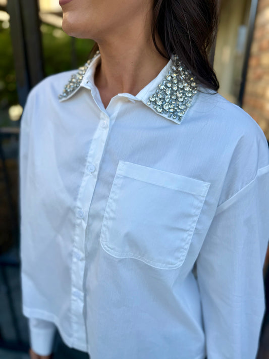 Embellished Stone Collar Poplin- White