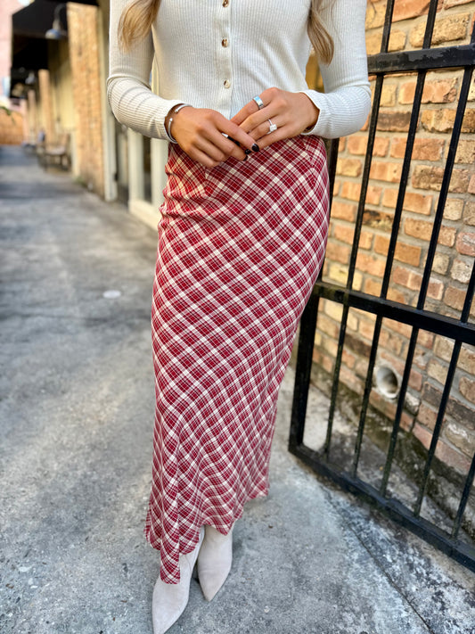 The Hostess Plaid Midi Skirt- Red