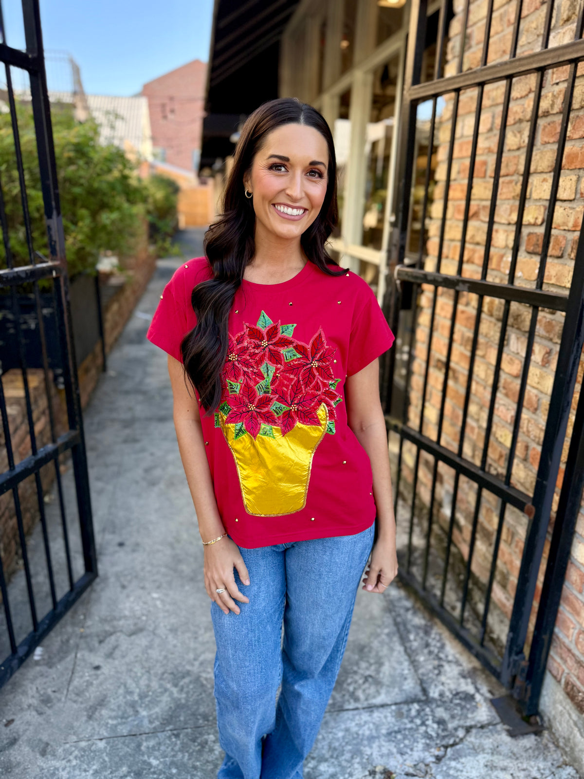Queen Poinsettia Flower Pot Tee- Red