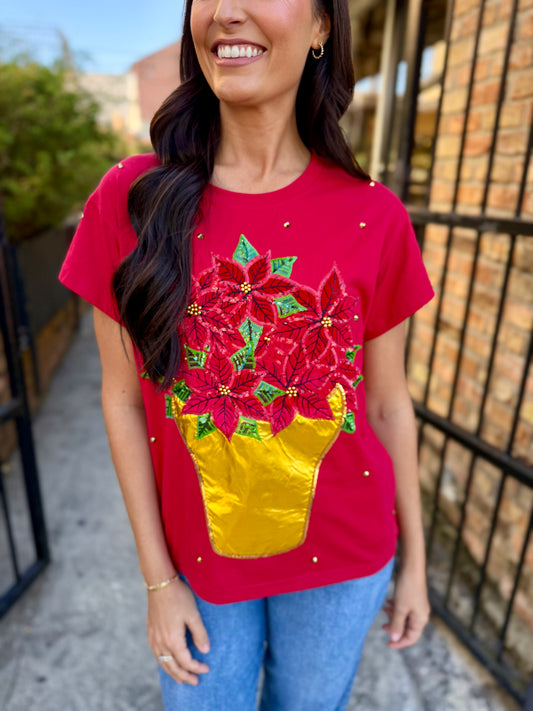 Queen Poinsettia Flower Pot Tee- Red
