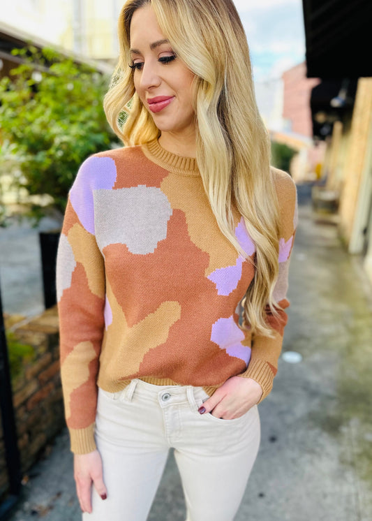 Camo Knit Sweater- Taupe/Pink