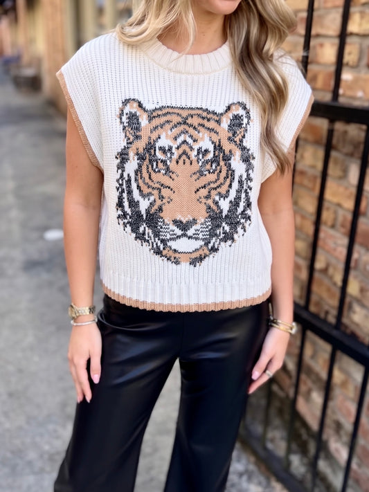 Tiger Contrast Sweater Vest- Ivory Brown