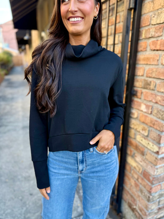 Fold Over High Neck Sweater- Black
