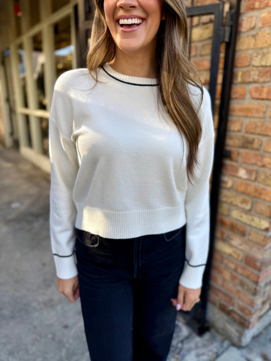 Chunky Cropped Crew Neck Sweater- Cream