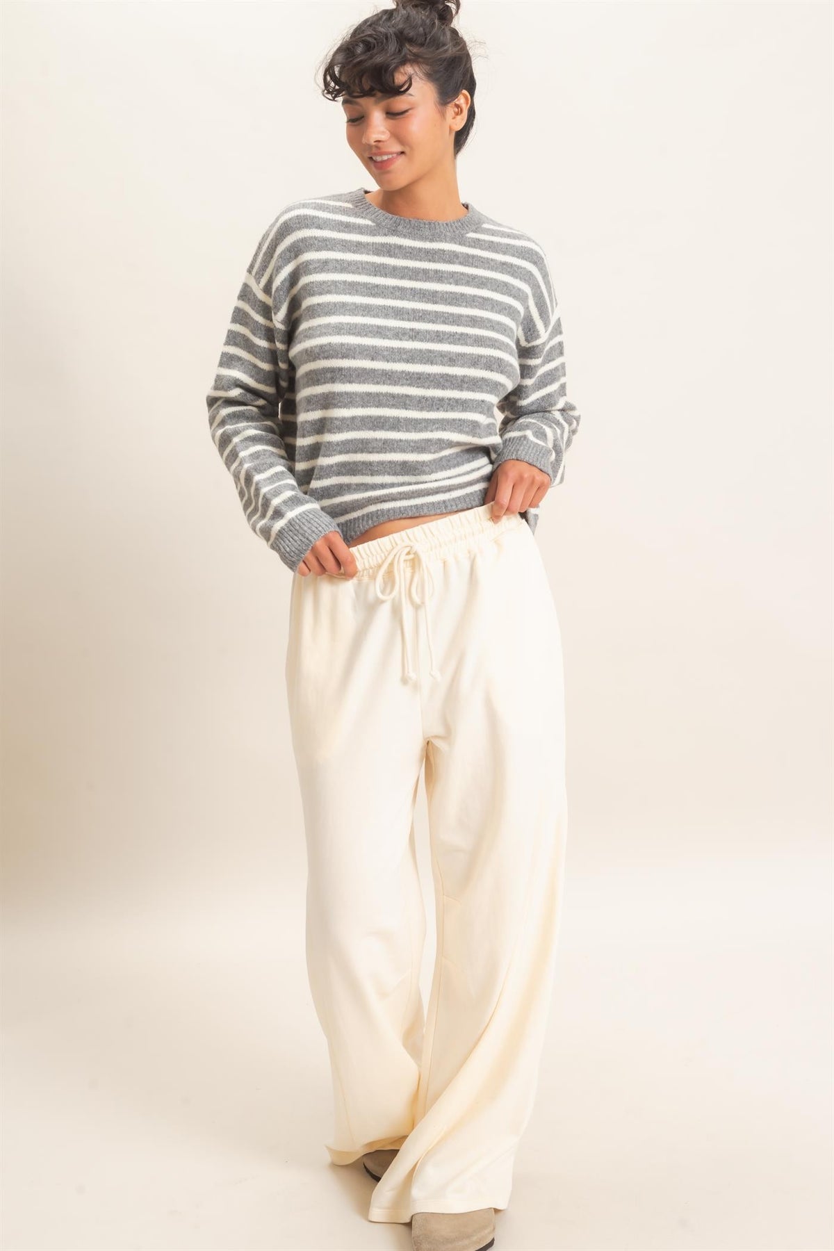 Ezra Striped Crew Neck Sweater- Heather Gray