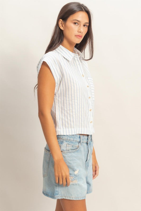 Barry Striped Button Up Top- Blue