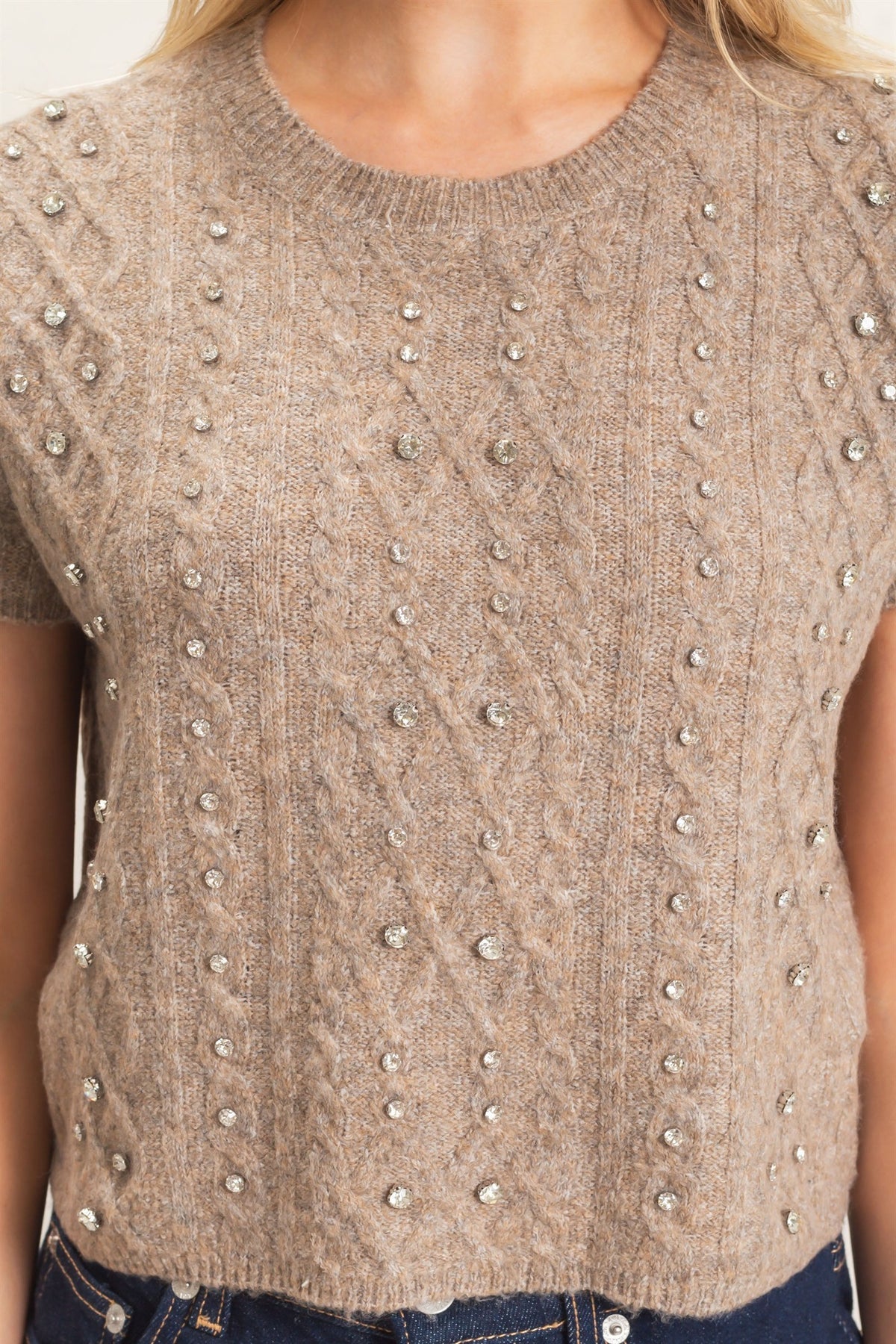 Embellished Cable Knit Sweater- Mocha