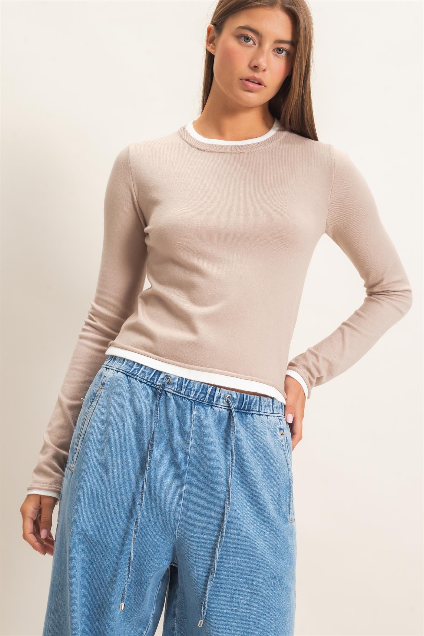 Layer Effect LS Knit Top- Taupe