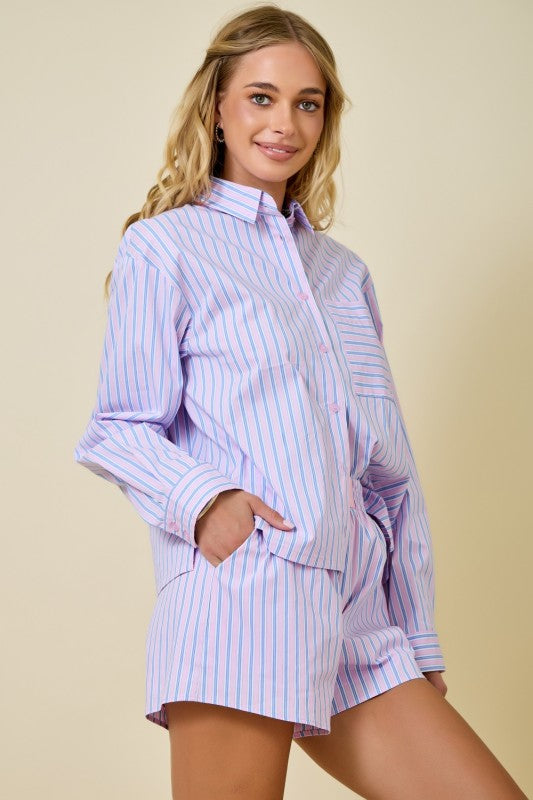 Vonn Button Down Top- Pink/Blue