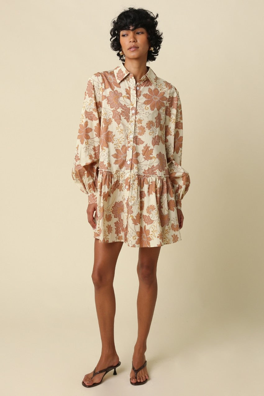 Mia Floral Mini Shirt Dress- Natural Rust
