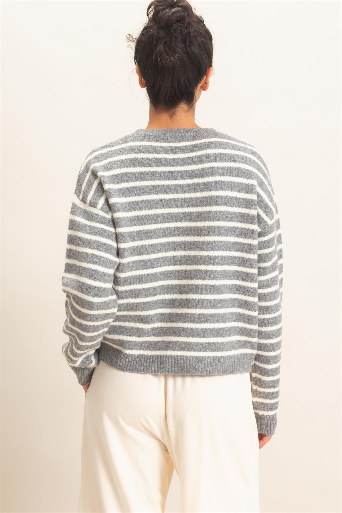 Ezra Striped Crew Neck Sweater- Heather Gray