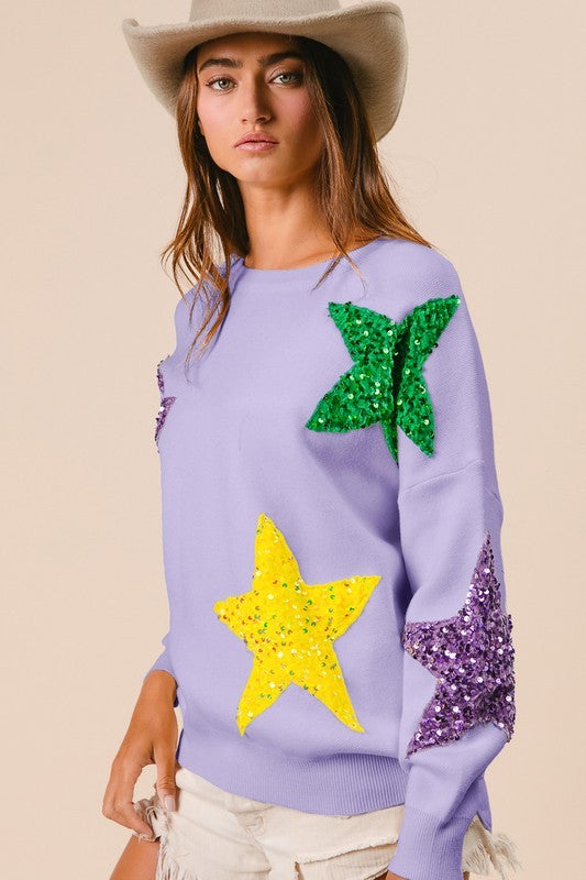 Velvet Sequin Star MG Sweater- Lavender