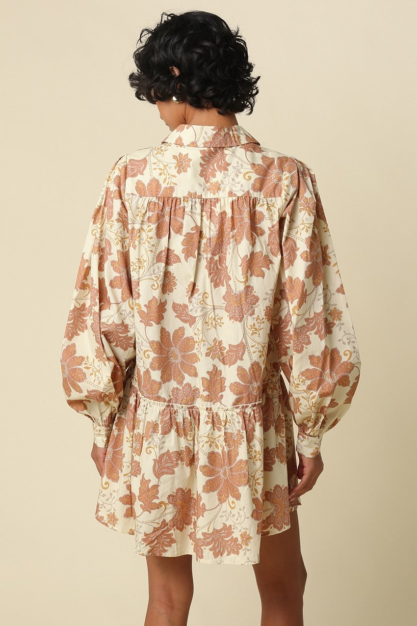Mia Floral Mini Shirt Dress- Natural Rust