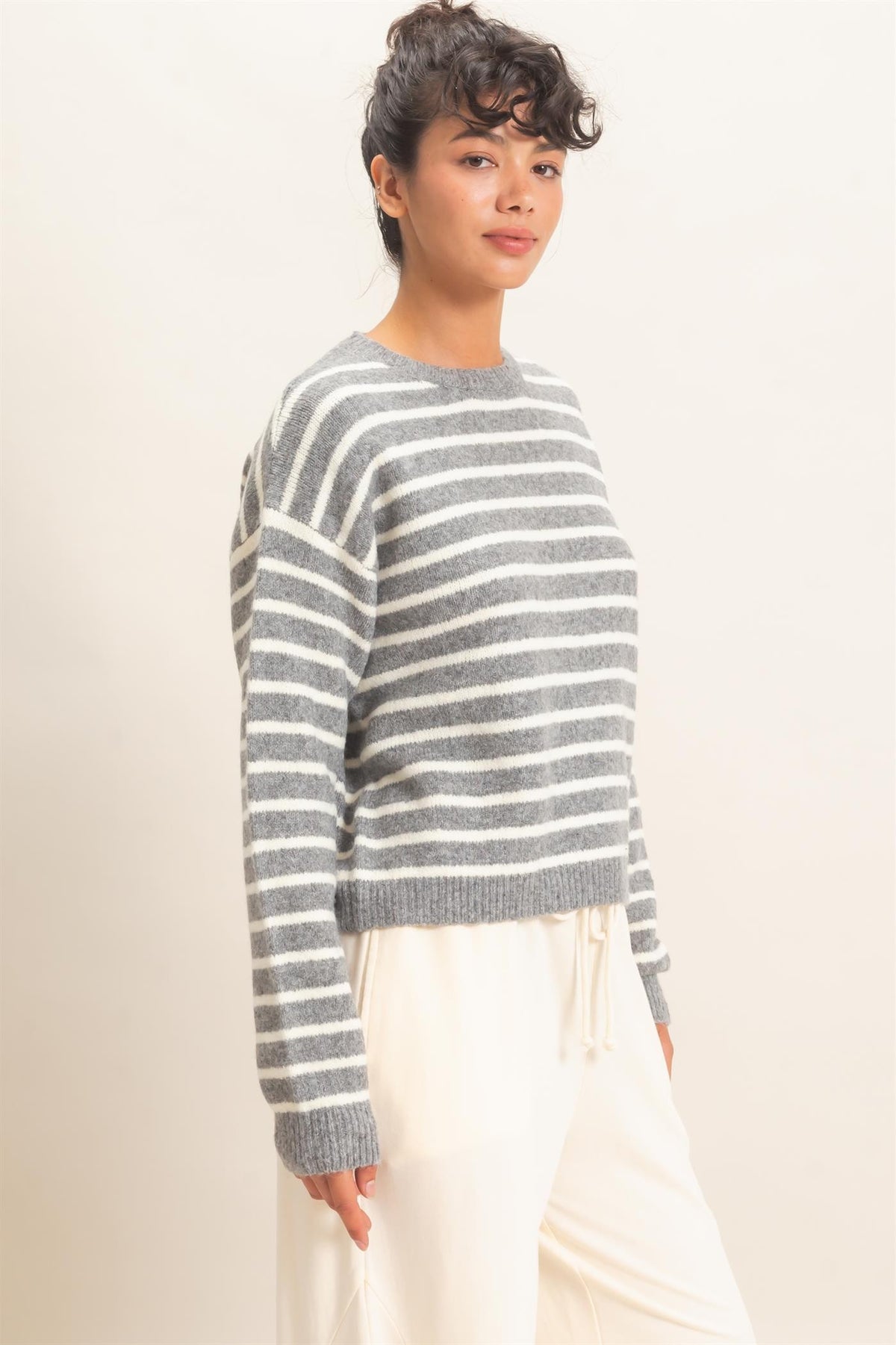 Ezra Striped Crew Neck Sweater- Heather Gray