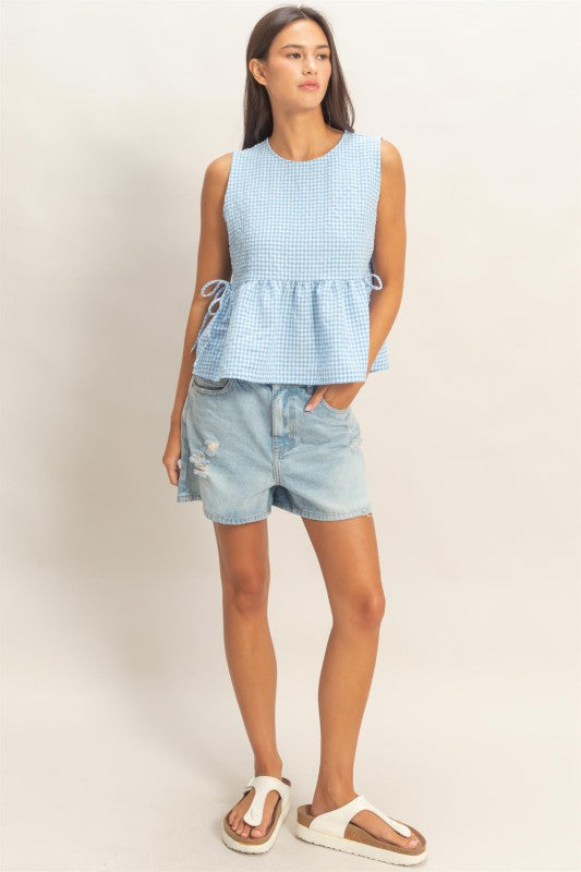 Gingham Peplum Top- Blue