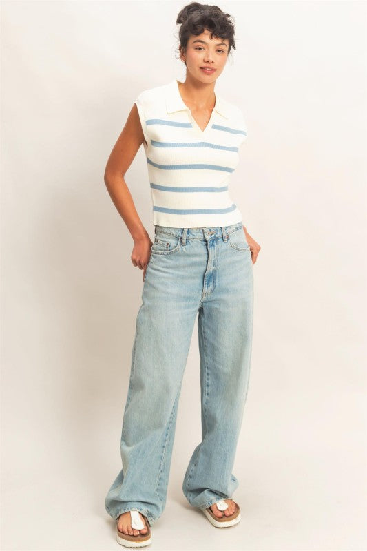 Collared Striped Polo Vest- Baby Blue