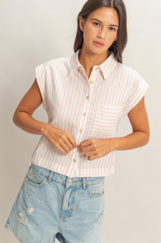 Barry Striped Button Up Top- Pink