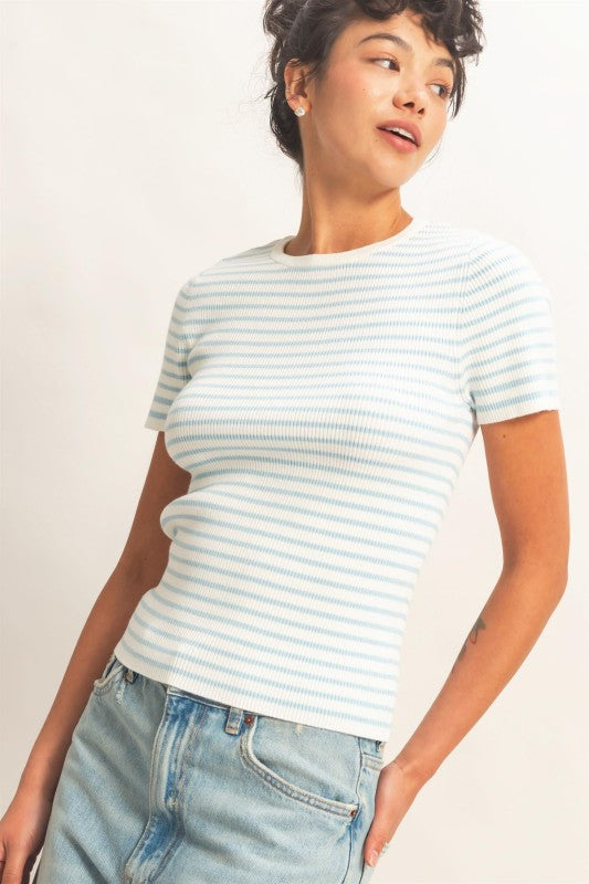 Stevie Striped Crew Neck- Ice Blue
