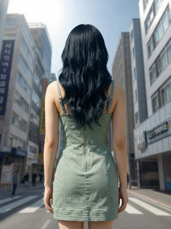 Alexa Contrast Stretch Denim Mini Dress- Mint