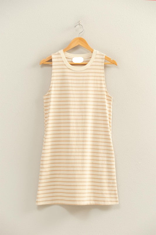 Piper Stripe Sleeveless Pocket Dress- Taupe