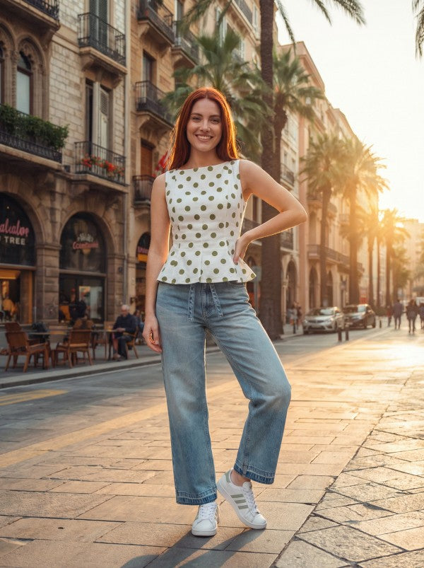 Polka Dot Peplum- White & Green